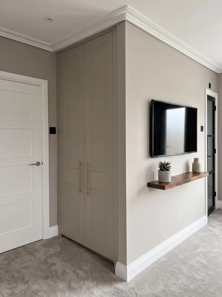Pale grey wardrobe in a bedroom corner beside a wall-mounted TV and walnut shelf