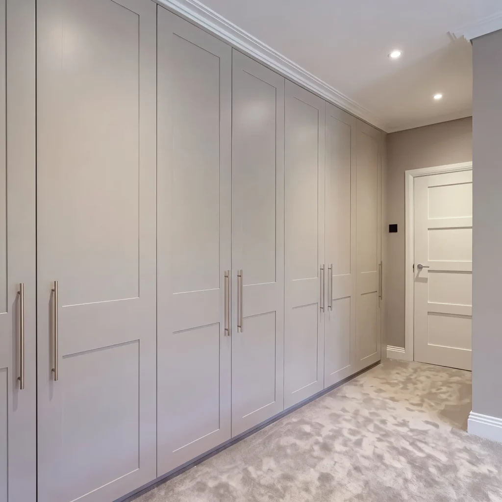 Floor-to-ceiling pale grey shaker wardrobes running along a bedroom wall