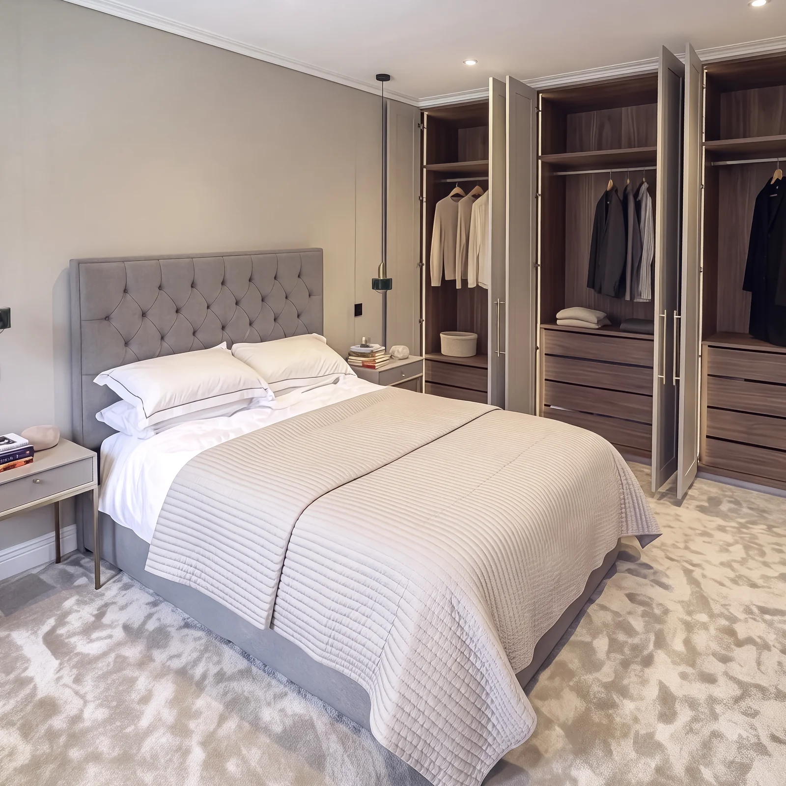 Bedroom with a grey upholstered bed and an open walnut-lined wardrobe in the corner