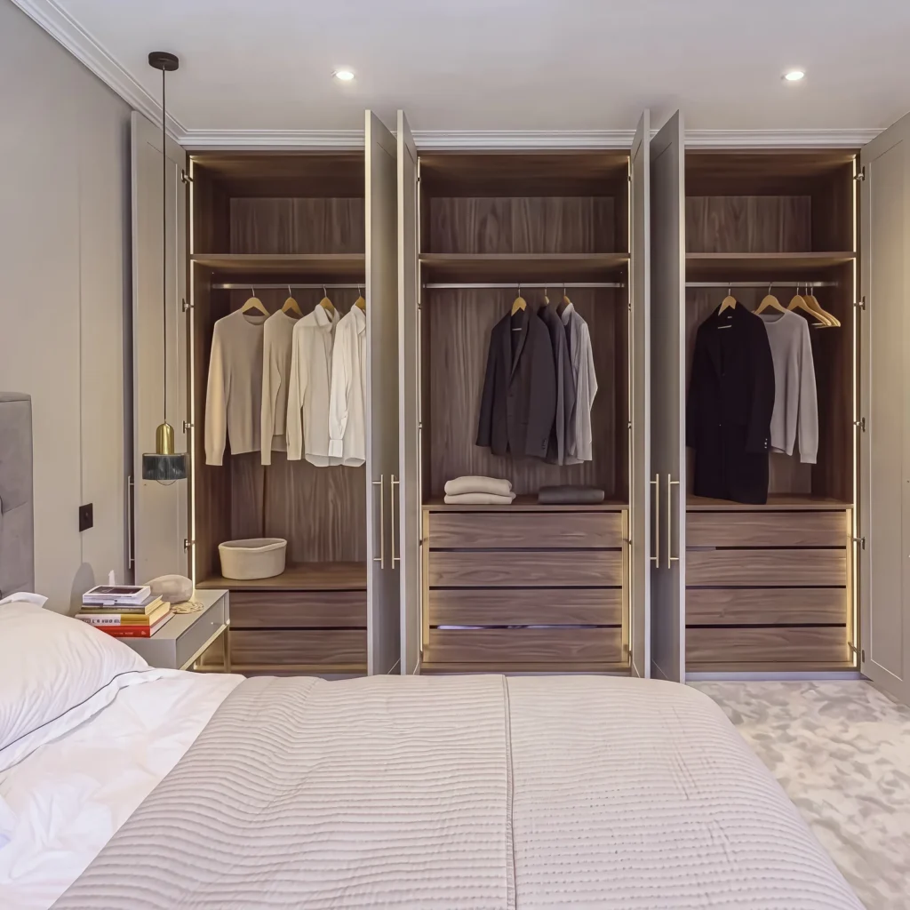 Lit walnut wardrobe interiors with hanging space and walnut drawers behind open grey doors