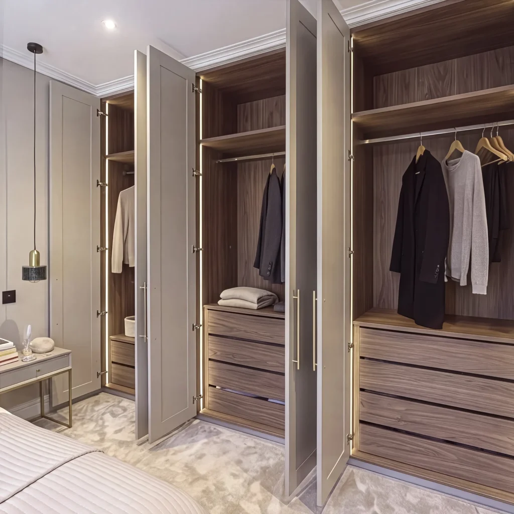 Angled view into a walnut-lined wardrobe with shelves, drawers and coats