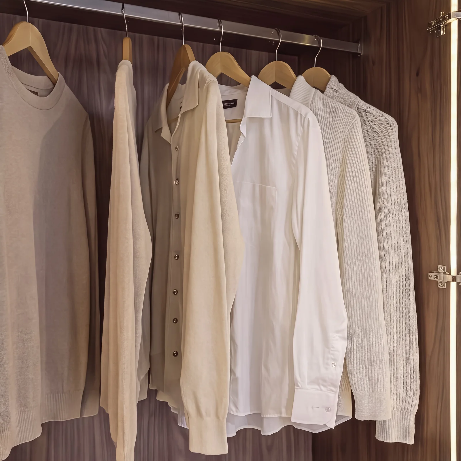 Close-up of shirts and knitwear hanging against a walnut wardrobe interior